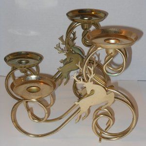 REINDEER BRASS DOUBLE CANDLER HOLDER SET